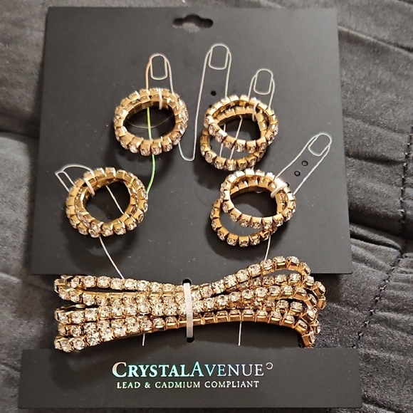 Crystal Avenue Gold Stretchy Crystal Rhinestone Gem Rings Bracelets Jewelry Set - Picture 1 of 6